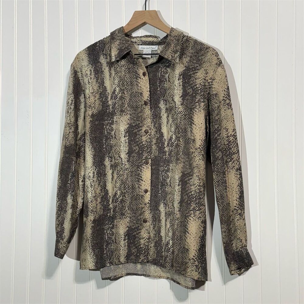 Anna and‎ Frank 100% Silk Blouse L Snake Print Neutral Brown Beige Button Down